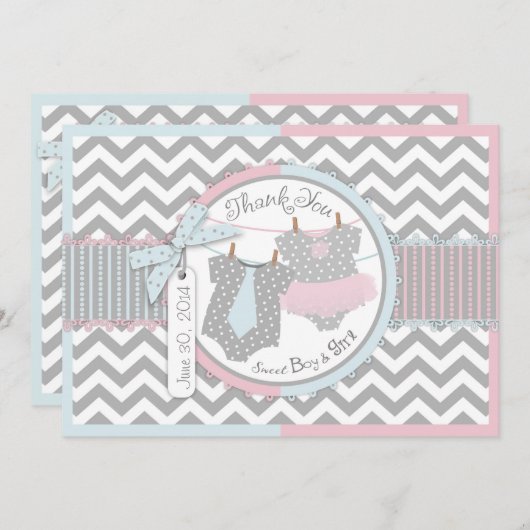 Blauw Stropdas en roze Tutu Twins Hartelijk dank Bedankkaart (Voorkant / Achterkant)