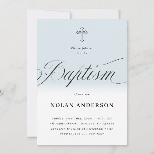 Blauw subtiel kruis in letters Calligrafie Baptism Kaart (Voorkant)