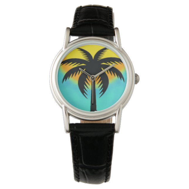BLAUW SUNSET PALM TREST WRIST WATCH HORLOGE (Voorkant)