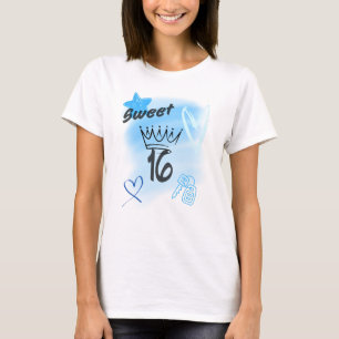 Blauw Sweet 16 Airbrush met een Kroon erop T-shirt