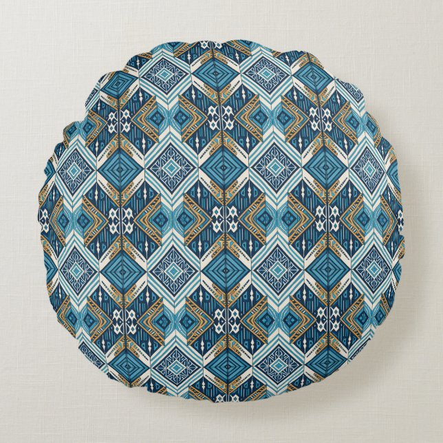Blauw symmetrisch Boho patroon 18583 b xl Rond Kussen (Voorkant)