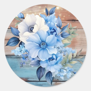 Blauw Taan Houten Lichtjes Bloemige Bruiloft Ronde Sticker