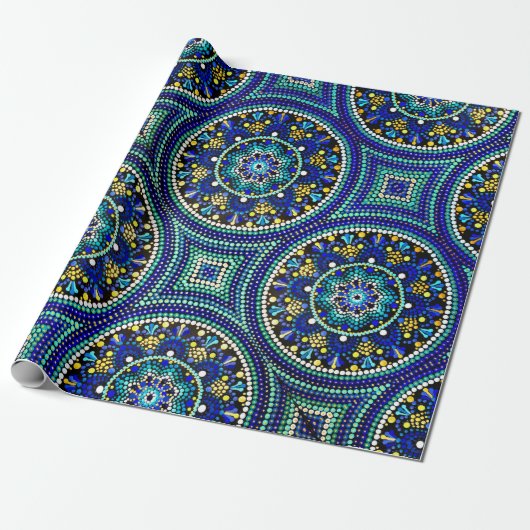 Blauw Talavera mandala Verpakkingspapier Cadeaupapier (Uitgerold)