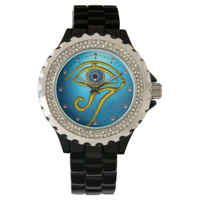 BLAUW TALISMAN, GOLD HORUS EYE Aqua Blue Horloge (Voorkant)