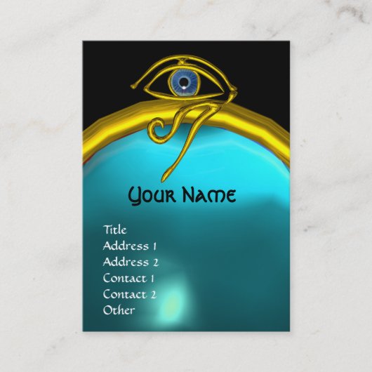 BLAUW TALISMAN, GOUD HORUS OOG AQUAMARIJN MONOGRAM VISITEKAARTJE (Voorkant)