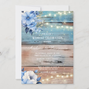 Blauw Tan Hout Lichten Bloemen Bruiloft Viering Kaart