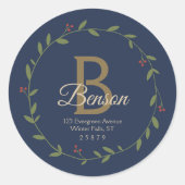 Blauw Tan Monogram SVG Kerstkrans Adres Ronde Sticker (Voorkant)