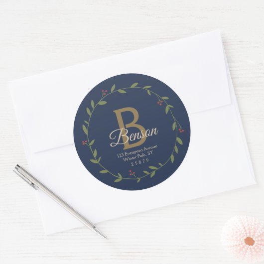 Blauw Tan Monogram SVG Kerstkrans Adres Ronde Sticker (Envelop)