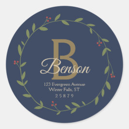 Blauw Tan Monogram SVG Kerstkrans Adres Ronde Sticker