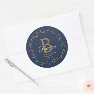Blauw Tan Monogram SVG Kerstkrans Adres Ronde Sticker