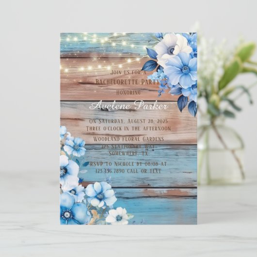 Blauw Tan Wood Lights Bloemen Bachelorette Party Kaart (Staand voorkant)
