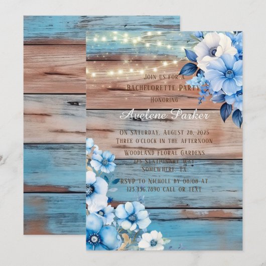 Blauw Tan Wood Lights Bloemen Bachelorette Party Kaart (Voorkant / Achterkant)