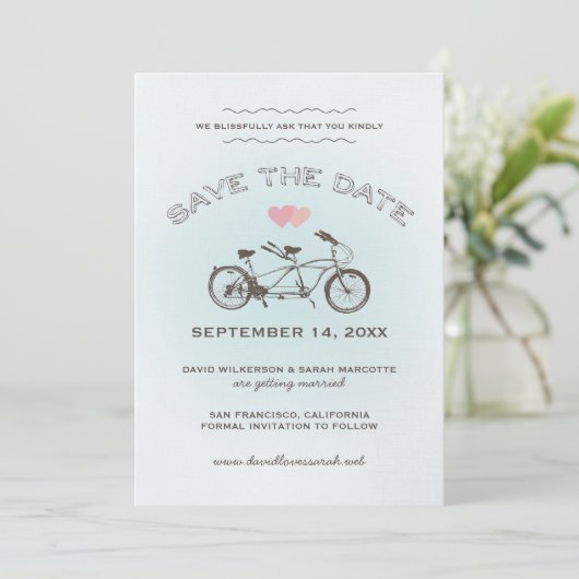Blauw Tandemfiets Save The Date Aankondiging (Staand voorkant)