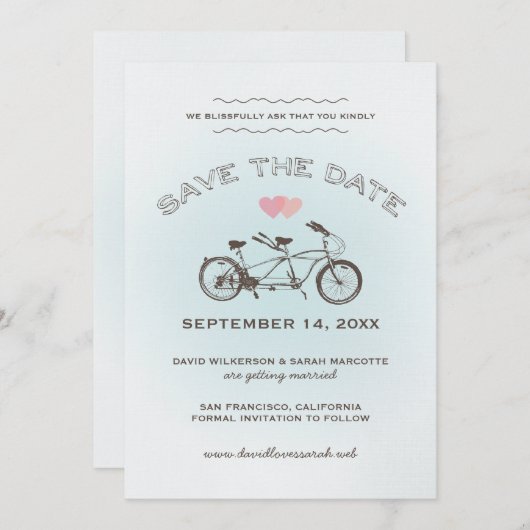 Blauw Tandemfiets Save The Date Aankondiging (Voorkant / Achterkant)