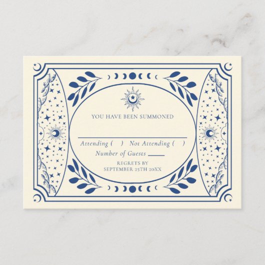 Blauw Tarot Kaart Gotische bruiloft RSVP (Voorkant)