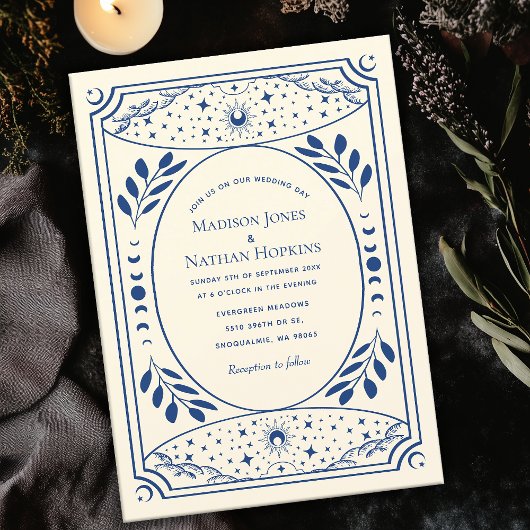Blauw Tarot Kaart Gotische bruiloft uitnodiging