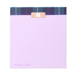 Blauw Tartan Aangepast Script Monogram Bright Lila Notitieblok