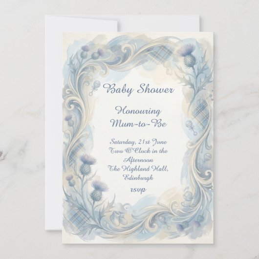 Blauw tartan distel babyshower uitnodiging (Voorkant)
