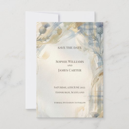 Blauw Tartan Distel Save the Date Kaart (Voorkant)