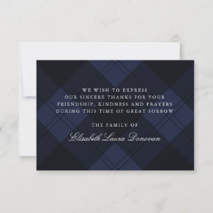 Blauw Tartan Klassieke Rouwbetuiging Bedankt Kaart
