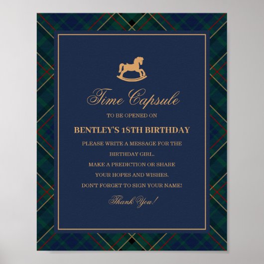 Blauw Tartan Schommelend Paard Tijdscapsule Poster (Voorkant)