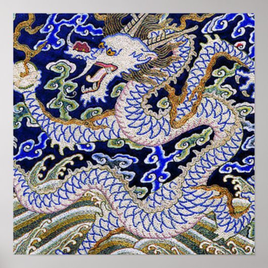 blauw  tattoo Embroidery dragon Poster (Voorkant)