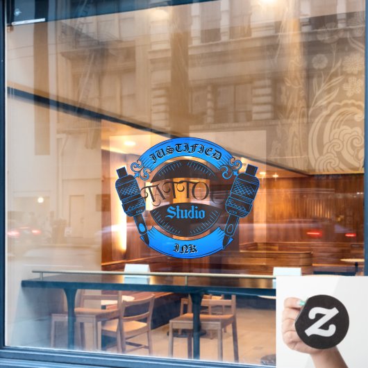 Blauw Tattoo winkelen aan voorzijde Raamsticker (Cafe Raam)