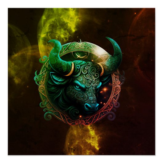 Blauw taurus zodiac-teken op kosmische kleuren ste perfect poster (Voorkant)