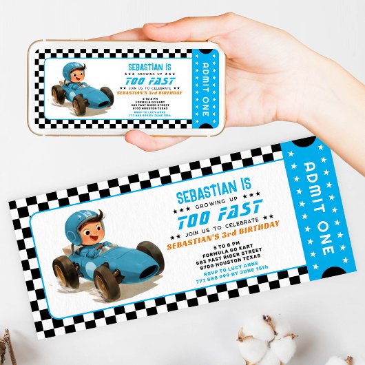 Blauw Te Snel Racing Car Ticket Verjaardag Kaart