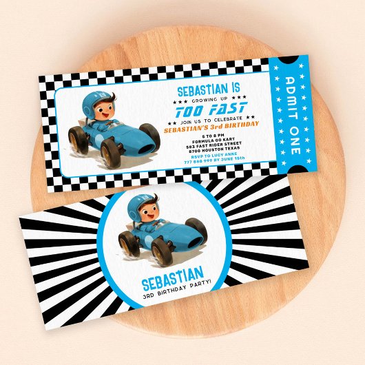 Blauw Te Snel Racing Car Ticket Verjaardag Kaart