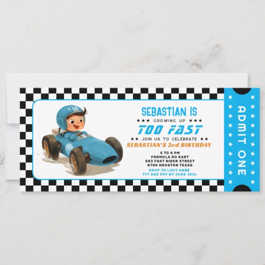 Blauw Te Snel Racing Car Ticket Verjaardag Kaart (Voorkant)