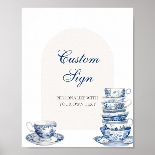 Blauw Teacups Aangepast tekstteken Poster (Voorkant)