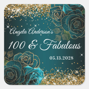 Blauw Teal Bloemig Goud Glitter Glam 100 & Fabulou Vierkante Sticker