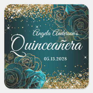 Blauw Teal Bloemig Goud Glitter Glam Quinceañera Vierkante Sticker