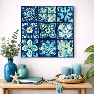 Blauw Teal Bloemtegeltje Mandala Waterverf Muurkun Poster