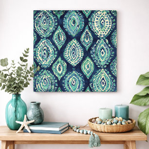 Blauw Teal Boho Ikat Medaillon Patroon Moderne Kus Poster