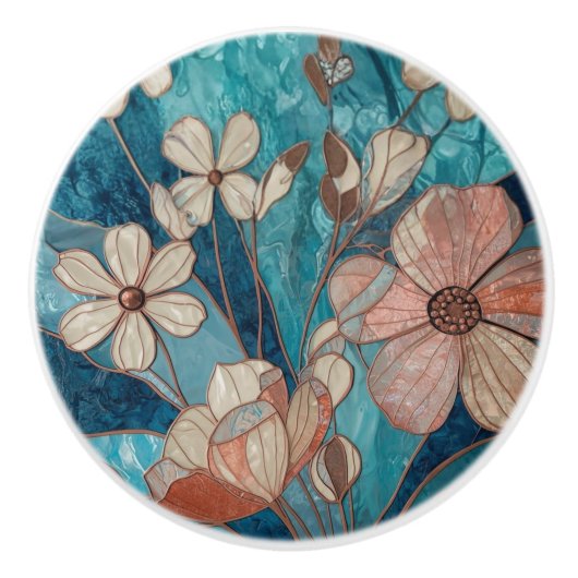 Blauw Teal Crème Koper Bloemmotief Keramische Knop (Voorkant)