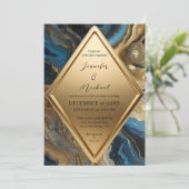 Blauw Teal Goud Agate Marmer Geometrische Trouwdag Kaart (Staand voorkant)