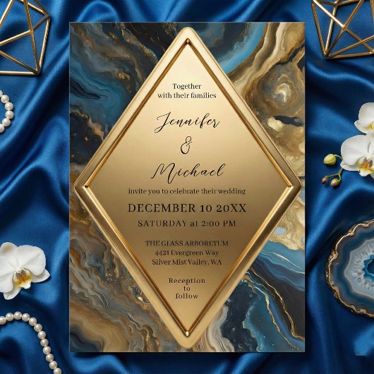 Blauw Teal Goud Agate Marmer Geometrische Trouwdag Kaart