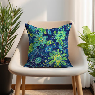 Blauw Teal Lime Groen Boheem Bloemmotief Kussen
