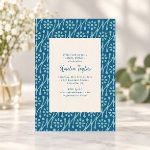 Blauw Teal Retro Folk Bloemrijke Tuin Bruids Bruil Kaart