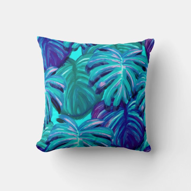 Blauw Teal Tropische Bladeren Kussen (Voorkant)