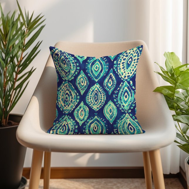 Blauw Teal Turquoise Boheem Patroon  Kussen (Blue Teal Turquoise Bohemian Pattern Throw Pillow)