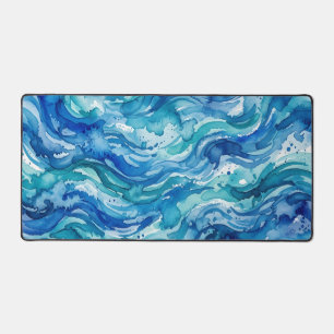 Blauw Teal Waterverf Zee Patroon Bureaumat