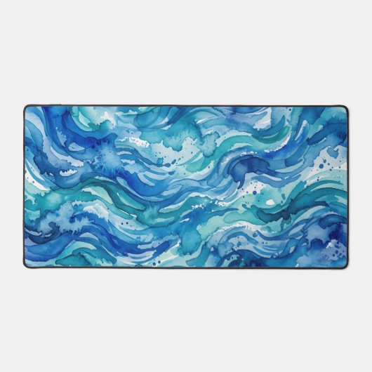Blauw Teal Waterverf Zee Patroon Bureaumat (Voorkant)