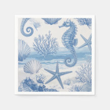 Blauw Teal Zeepaardje Schelp Zeester Oceaan Patroo