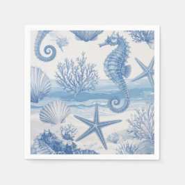 Blauw Teal Zeepaardje Schelp Zeester Oceaan Patroo Servet