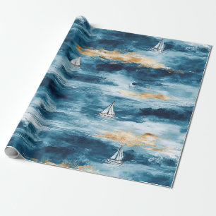 Blauw Teal Zeilboot Kustgolfpatroon Cadeaupapier
