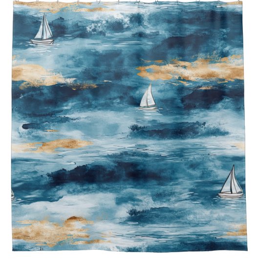 Blauw Teal Zeilboot Kustgolfpatroon Douchegordijn (Voorkant)
