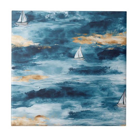 Blauw Teal Zeilboot Kustgolfpatroon Tegeltje (Voorkant)